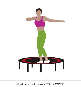  High intensity trampoline training.
An active woman is engaged in fitness on a trampoline.
Young woman jumping on a trampoline. Girl in leggings and a cropped top.
