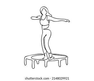 High intensity trampoline training. Active woman doing fitness on a trampoline. A young woman is jumping on a trampoline. Hand drawn, doodle or one line. Vector illustration