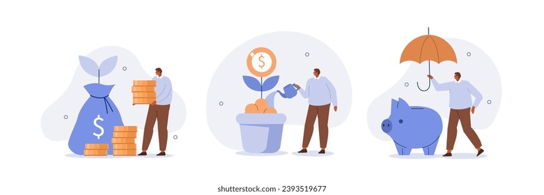 High interest rates. Character opening savings account, receiving interest on deposits, saving money. Low risk income investments, profit concept. Vector illustration isolated on white background    