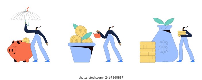 High interest rates. Character opening savings account, receiving interest on deposits, saving money. Low risk income investments, profit concept. Vector illustration isolated on white background.