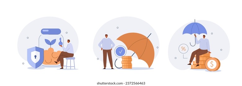 High interest rates concept illustration. Collections of characters opening savings account and receiving interest on deposits. Low risk investments. Vector illustrations set