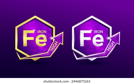 High iron minerals in hexagon shape aluminum gold and silver with shine arrow. Used for design nutrition supplement products. Vitamins label symbol logo 3D on purole background. Vector EPS10.