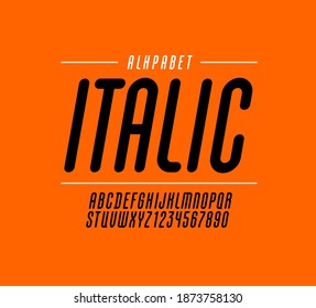 High italic font, rounded condensed alphabet sans serif, long black letters and numbers, vector illustration 10EPS