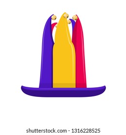High jester hat with bells. Colored high jester hat with bells. Vector illustration on white background
