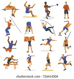 High Jump Athlete Sport Men Athletics Characters Silhouette Doing Different Track Vector Illustration.