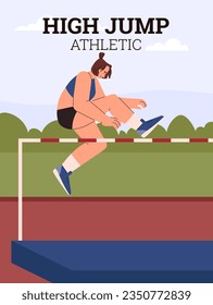 High jump athletic poster. Woman performs a high jump through the barrier. Sportswoman cartoon character in motion vector flat illustration. Sport competition.