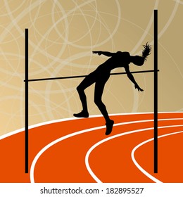 High Jump Athletics Active Woman Girl Sport Silhouette Concept Illustration Background Vector