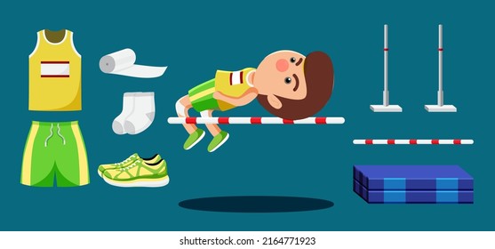 High jump athletics player cartoon and equipment set such as filed, beam, cushion, pole, shoes, apparel, uniform. Objects isolated on a blue background.