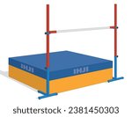 high jump bar on standards and crash mat isolated on a white background