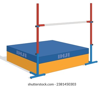 high jump bar on standards and crash mat isolated on a white background