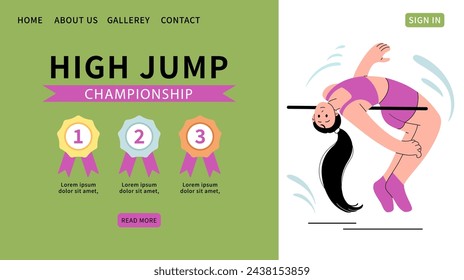 High jump championship web banner. Athlete jumps over crossbar. Background for sports standings with three prizes. Gold, silver and bronze medals. Text templates, website. Vector flat illustration.