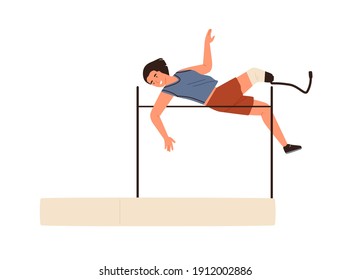 High jump disabled athletic woman performing sports activity vector flat illustration. Sportswoman with physical disability jumping over bar isolated. Athlete with artificial prosthetic leg training.