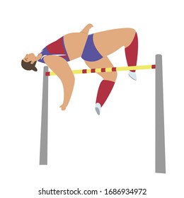High jump flat vector illustration. Girl, woman in sports uniform jumps over a pole, sports exercises, training, game. Championship, Competition, Sports types concept.
