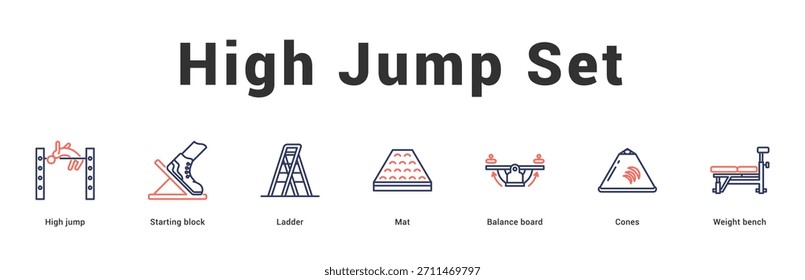 High Jump Set Moderne und saubere Web-Banner-Illustration mit thematischen Symbolen für visuelle Kommunikation