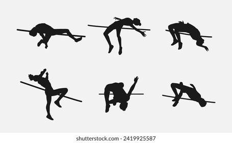 conjunto de colección de siluetas de salto alto. deporte, correr, saltar, concepto atlético. diferentes acciones, poses. ilustración vectorial.