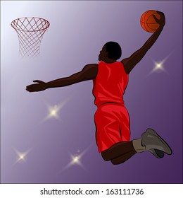 A high jumping basketball player doing his best trick