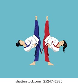 HIGH KICK EXTEND taekwondo Two men sparring woman