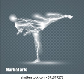 high kick - martial art, flying lightning, vector illustration