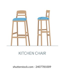 High kitchen bar chair on long wooden legs with soft blue seat. Isolated chair on white background front and side view. Vector illustration