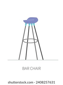 High kitchen bar chair on long metal legs with soft blue seat. Isolated chair on white background front side view.