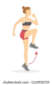 High knees exercise tabata woman doing fitness, pointer and arrow showing right direction, cartoon vector illustration isolated on white background.