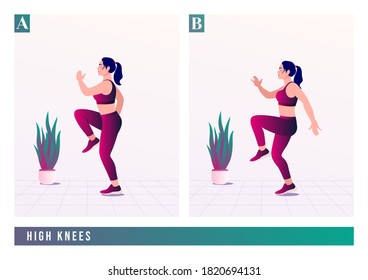 High Knees exercise, Women workout fitness, aerobic and exercises. Vector Illustration.	