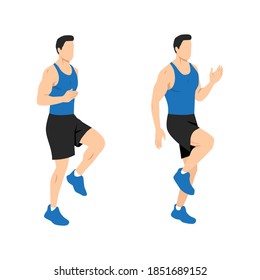 High knees. Front knee lifts. Run. and Jog on the spot exercise. Flat vector illustration isolated on white background
