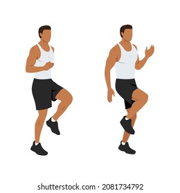 High knees. Front knee lifts. Run. and Jog on the spot exercise. Flat vector illustration isolated on white background