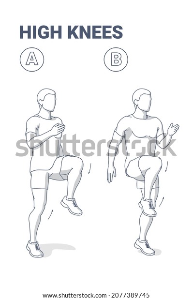 High Knees for Man. Front Knee Lifts. Male\
Fitness Model Jogging on the Spot and Sprinting Exercise Guidance\
For Shed Pounds. Home Workout Guy Vector Illustration Isolated on\
White Background.