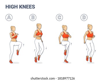 High Knees Woman Exercise Guide Colorful Cartoon Vector Illustration Concept. Female Workout Fitness, Aerobic and Exercises.