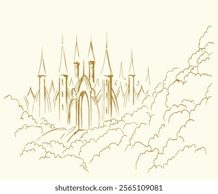 High large idyl shine glow angel glory spirit rise gold path way happy joy hope love earth life rest pray scenic view. Cloudy air light white church fort icon sign biblic israel hand drawn art concept