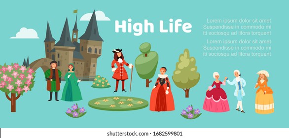 High life people in renaissance clothing woman man cartoon character in medieval fashion vintage dress historical clothes vector illustration. High life society costumes.