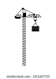 High lift construction with hook and load, crane in black color and flat design style, modern equipment for raising building objects, machine vector