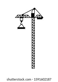 High lift construction with hook and load, crane in black color and flat design style, modern equipment for raising building objects, machine vector