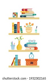 High light bookshelf in library room, office shelf, wall, interior, bookshelf, vector background. Flat vector illustration isolated on white background.