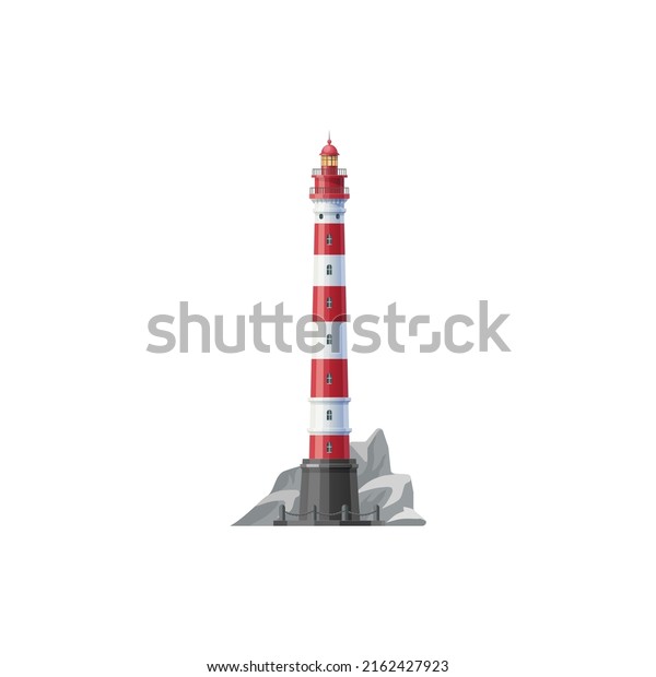 High\
lighthouse building on rocky shore icon. Coastal lighthouse lantern\
building, vector nautical beacon. Maritime travel, tourism symbol.\
lighthouse tower on ocean shore with\
rocks