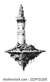 A high lighthouse tower on a stone island flies in the air. Freehand sketch of a fantasy story.