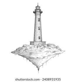 Una alta torre de faro en una isla de piedra vuela al aire. Esbozo a mano libre de una historia de fantasía.