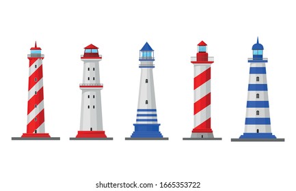 High Lighthouses Isolated on White Background Vector Set