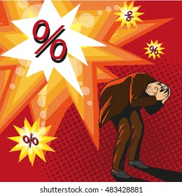 High loan interest concept vector illustration in comic pop art style. Man trying to hide from explosion.