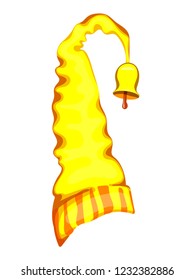 High long hat gnome. Yellow cap with bell. Christmas costume. Hand drawing. 
cartoon christmas elf hat isolated on white background . Vector illustration.
