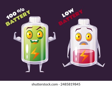 High and low battery characters isolated on background concept. Vector graphic design illustration element