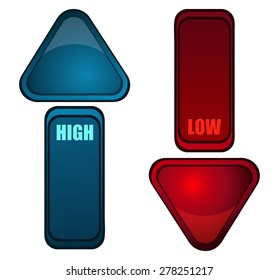 High and Low Blue and Red Glossy Direction Arrows, Vector Illustration. 