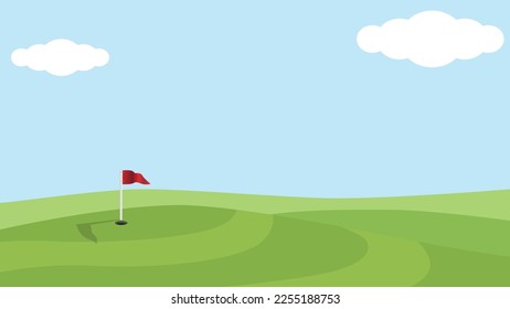 High and low bright green golf course. Holes and flags on the hill. Under blue sky and white clouds.