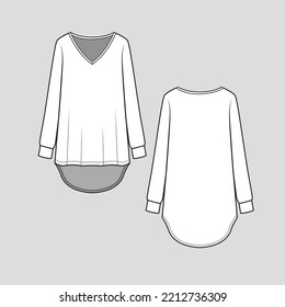 High Low Dip hem Long T shirt top V Neck kimono long sleeve with cuffs fashion design cad mock up flat sketch technical drawing design template