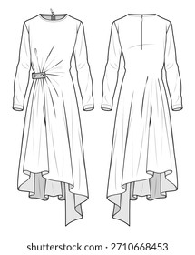 Hohe niedrige Kleid Vektor Design Mockup Template technische flache Skizze.