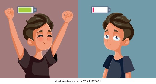 
High and Low Energy Teen Boy Vector Cartoon Character. Adolescent feeling low in every after being in a good mood
