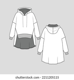 High Low hem drop shoulder Hoodie dress ribbed cuffs and dip hem sweatshirt drawstring fashion cad flat sketch technical drawing template