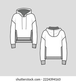 High Low Hem Ribbed Hoodie Sweatshirt Side Slit drop shoulder Long Sleeve Ribbed cuffs  fashion winter Flat Sketch technical drawing template design vector