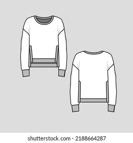 High Low Hem Ribbed Sweat shirt Side Slit drop shoulder Crew Neck Long Sleeve Ribbed cuffs  fashion t shirt top blouse  Flat Sketch technical drawing template design vector